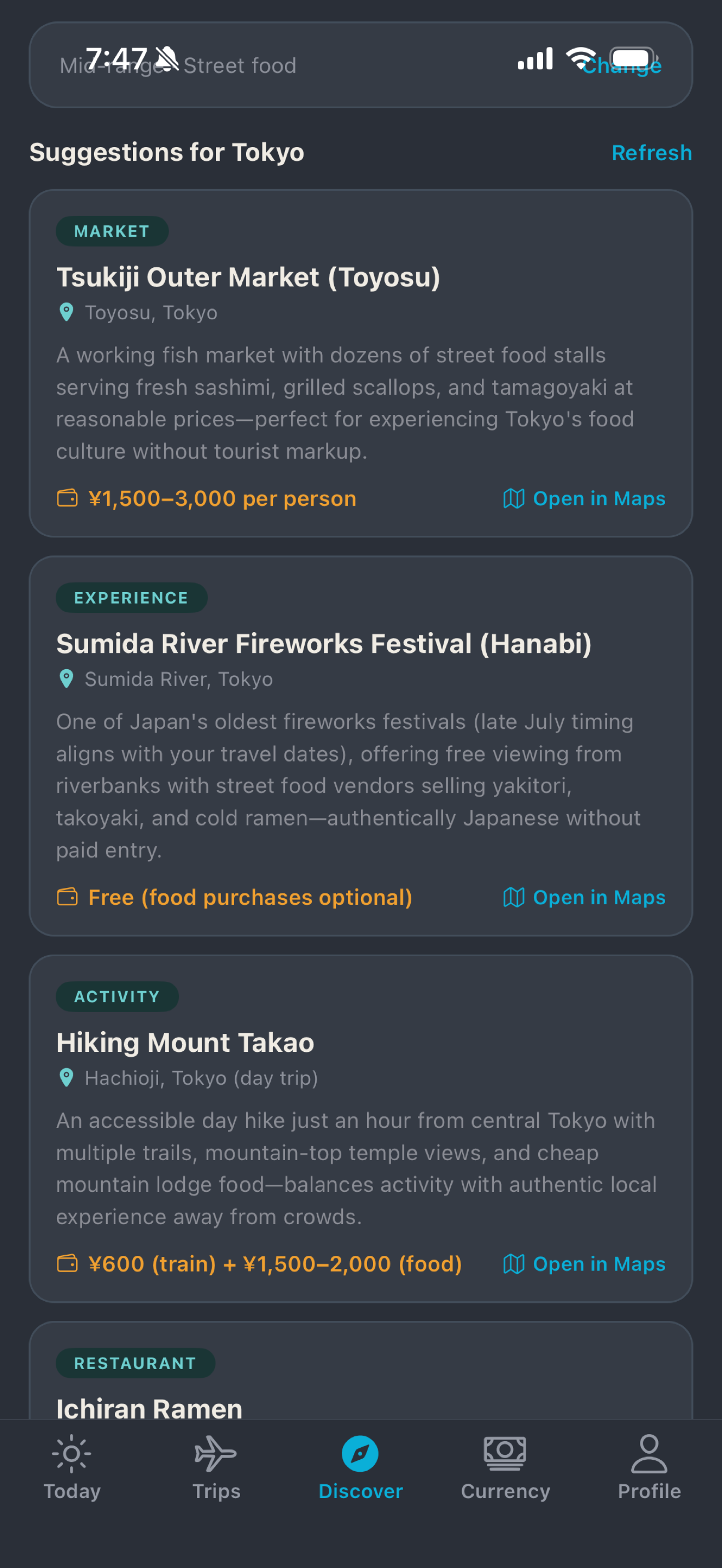 Discover screen — Tokyo suggestions